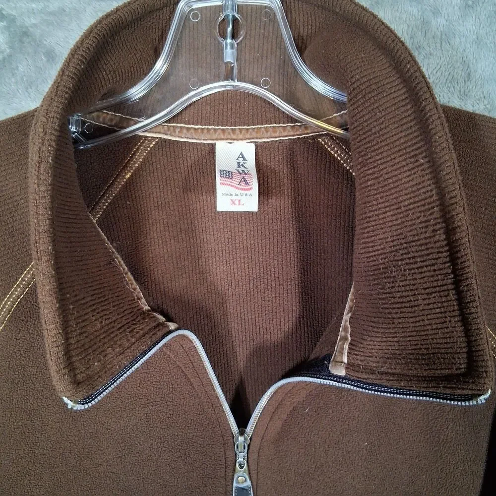 Vtg‎ Made In USA Akwa Full Zip Fleece Knit Jacket sweater Mens Xl Brown